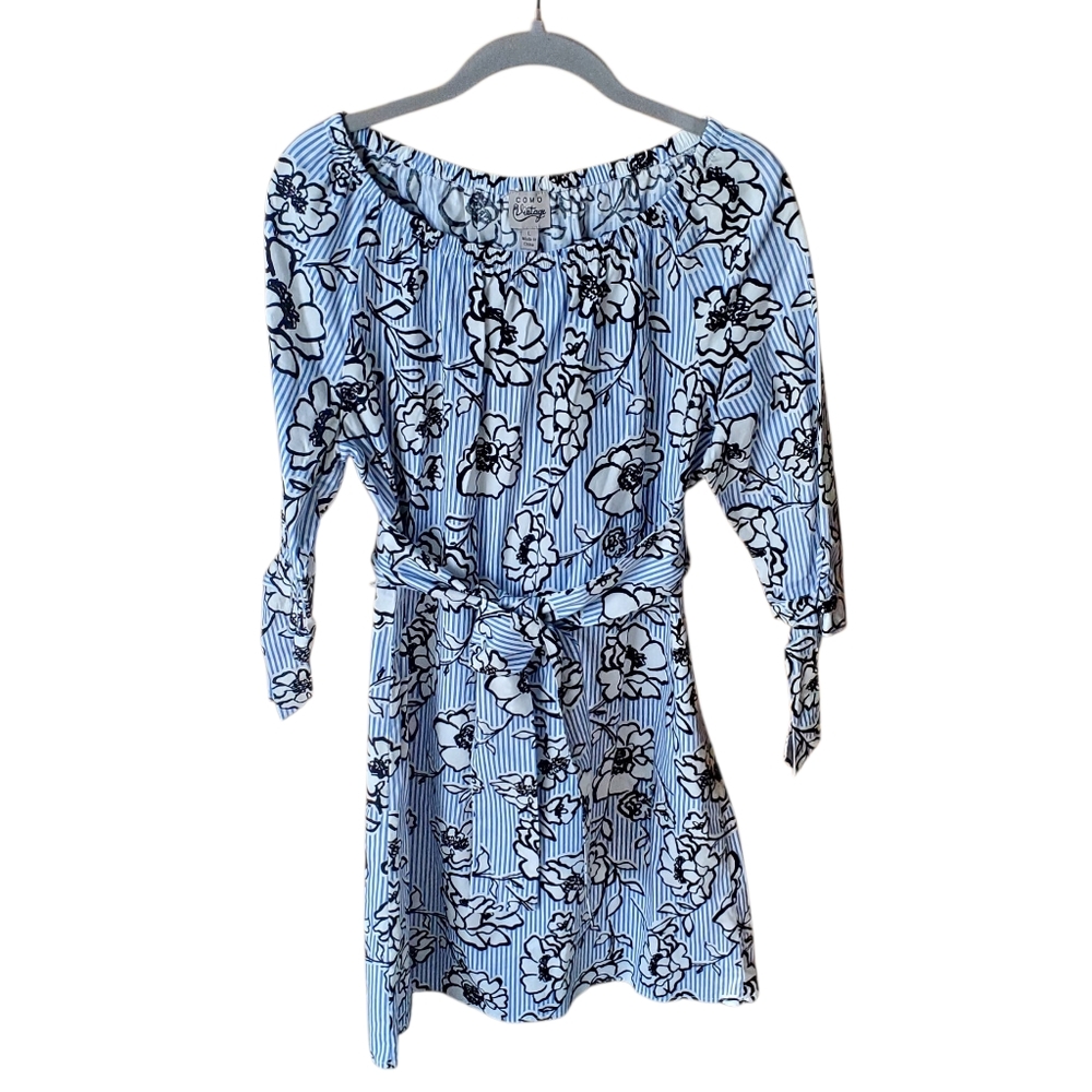 COMO Vintage Cotton Poplin Floral Blue Dress L